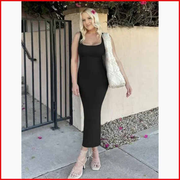 Sleeveless Square Neck Bodycon Midi Dress Side Slit Knit Casual - Picture 5 of 7